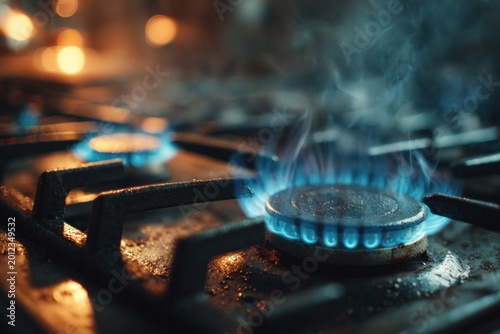 Close-up of a lit gas stove burner with blue flames