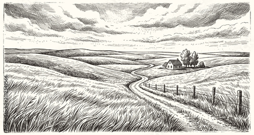 Quadro su tela Vector sketch Green grass field on small hills