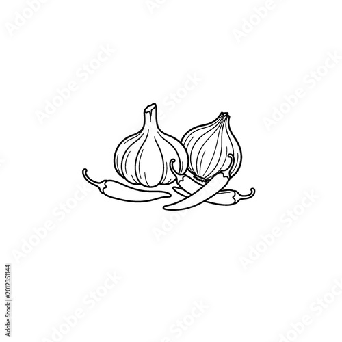 Quadro su tela Hand drawn illustration of garlic, shallots and three chilies