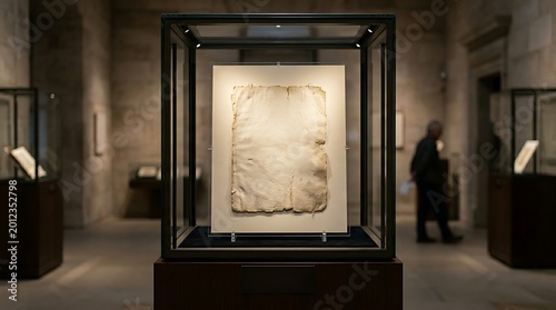 Ancient Manuscript Display in Museum Glass Case with Stone Walls