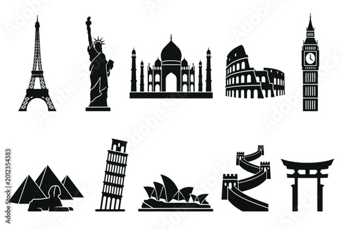 black silhouettes of famous landmarks from around the world isolated on transparent background