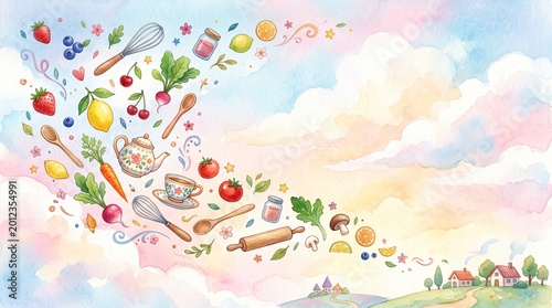 Produce & kitchen tools float in pastel sky over village houses