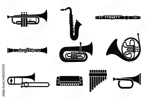 Canvastavla Set of eight musical brass and woodwind instruments icons isolated on transparen