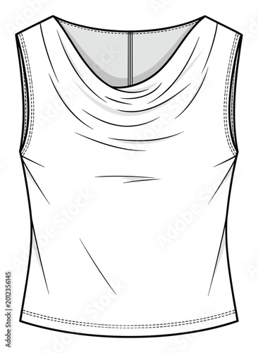 Apparel design technical sketch showing a sleeveless top with graceful cowl neck detail