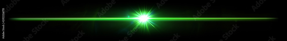 Obraz premium Green Lens Flare Overlay — Bright Horizontal Light Streak on Dark Background