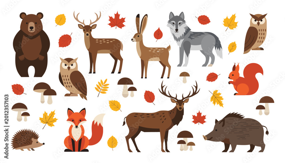 Fototapeta premium Woodland animals and autumn foliage for seasonal nature projects and educational materials