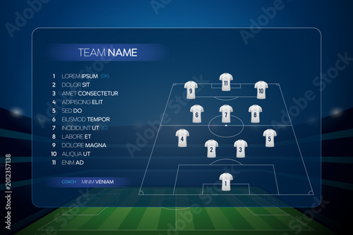 Fotografie Generic football lineup vector template featuring stadium background with light effects strategic formation and editable placeholder text for sports broadcast