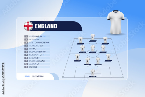 Fotografia Professional world football 2026 lineup vector template for England team featuring strategic formation with jersey illustration and editable placeholder text