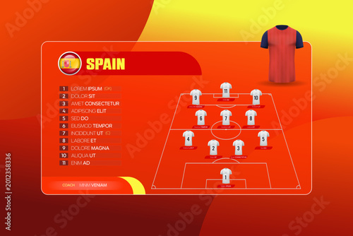 Fotografie Professional world football 2026 lineup vector template for Spain team featuring strategic formation with jersey illustration and editable placeholder text