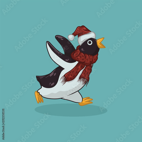 Cute Christmas Penguin Wearing Santa Hat and Scarf Vector Illustration
