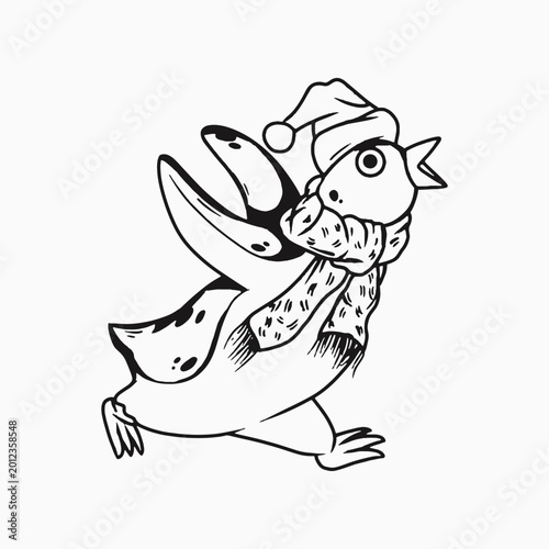 Line Art Cute Christmas Penguin Wearing Santa Hat and Scarf Vector Illustration