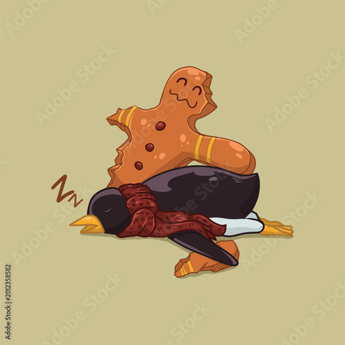 Illustration Cute Sleeping Penguin with Red Scarf and Gingerbread Cookie