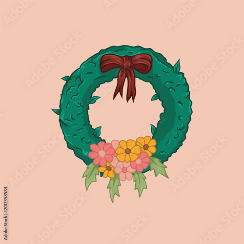 Illustration Floral Wreath Vector with Bow and Colorful Flowers Decorative