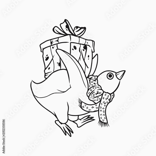 Lineart Cute Bird Carrying Gift Box Illustration Cartoon Animal Vector