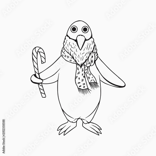 Lineart Cute Penguin With Scarf Holding Candy Cane Winter Holiday Hand Drawn Illustration