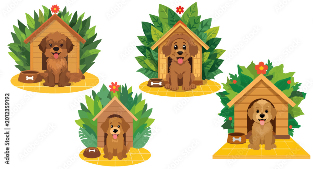 Fototapeta premium Cute cartoon dog house vector set, brown puppy sitting in wooden kennel with green leaves, pet care illustration collection with food bowls