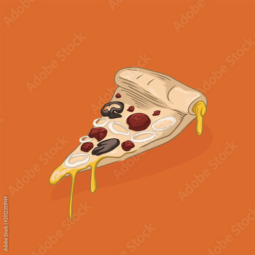 Cheesy pizza slice melting with toppings vector illustration food concept