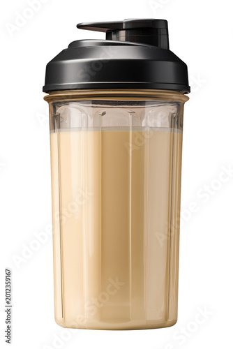 Plastic shaker cup filled with beige protein drink, isolated on white background, concept of nutrition and fitness