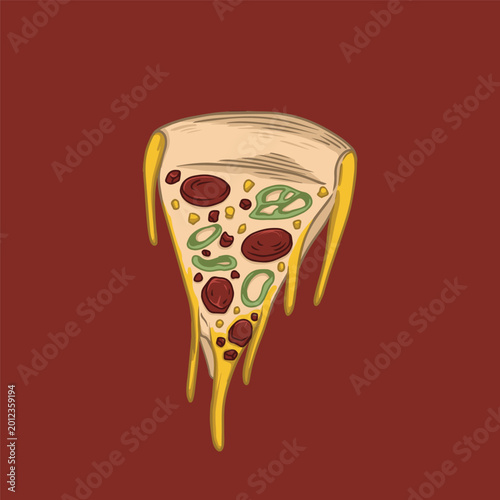 Cheesy pizza slice illustration vector with pepperoni and melted cheese dripping