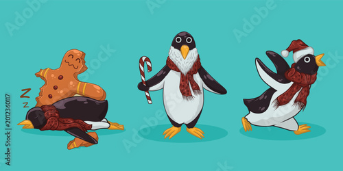 Cute Christmas Penguin Cartoon Set with Gingerbread Cookie, Candy Cane, and Santa Hat – Holiday Vector Illustration