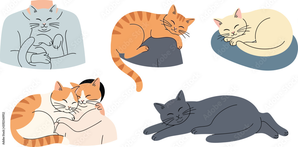 Fototapeta premium Cats in various resting positions are displayed as a collection of cute hand-drawn illustrations.