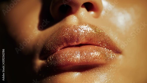 a close-up of the lips is shown, on which lip gloss is applied using an applicator. The lips have a golden, shimmering hue.