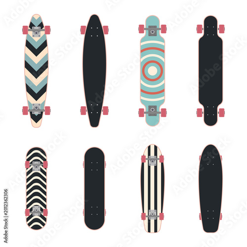 A longboard set. Colored flat illustration. White background.