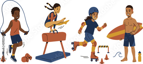 Fotografie Diverse children sports collection with boy jumping rope girl gymnast pommel hor