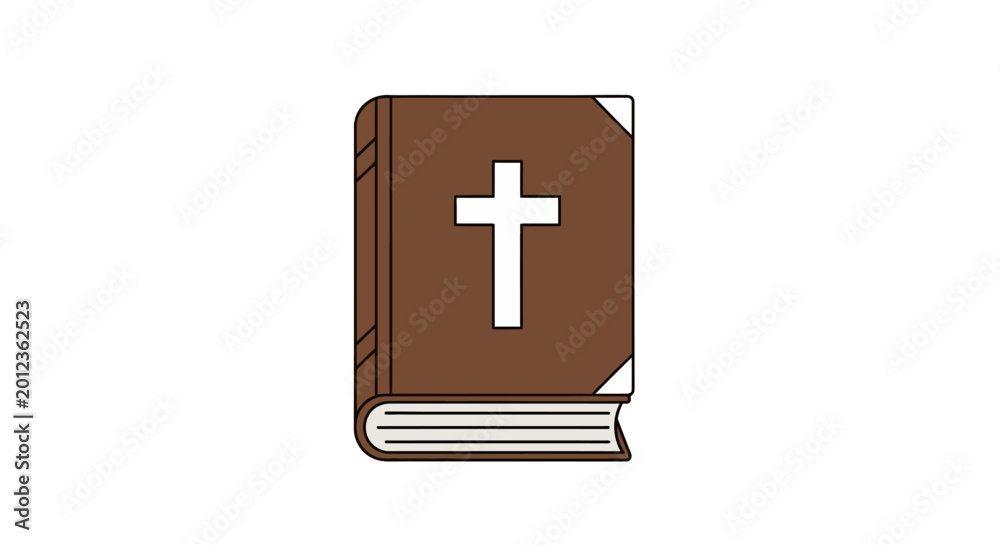 Fototapeta premium Vintage brown leather bound religious book with gold cross icon isolated on white background flat vector design for christianity faith spirituality and sacred worship literature