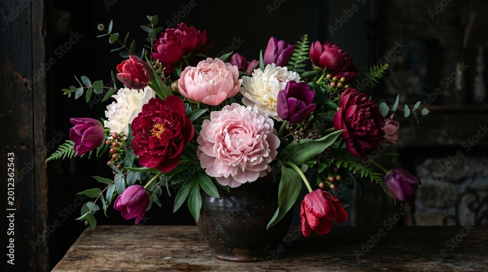 Obraz premium Elegant Floral Arrangement: Peonies, Tulips, and Ferns in Dark Vase