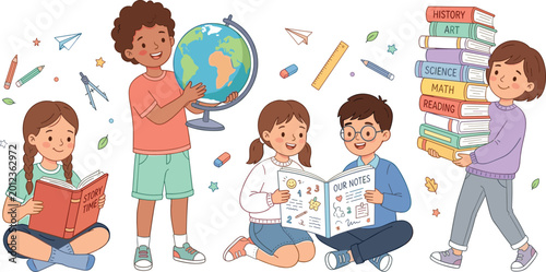 Diverse school children student characters set with globe stack of books reading and studying educational vectors