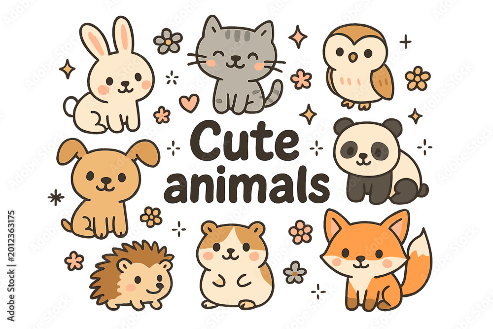 Obraz premium Adorable Animal Doodles. Cute animals. Hand-drawn doodle illustration of Cute animals. Bunny, kitten, puppy,