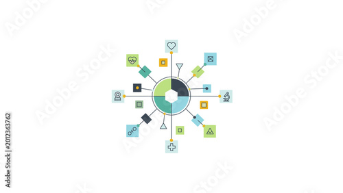 Abstract Circular Diagram with Connected Icons Representing Data Flow.