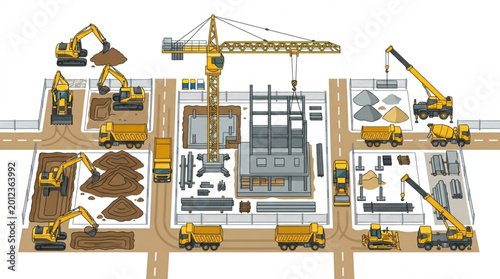 Bild auf Leinwand Construction Site with Heavy Machinery and Building Underway.