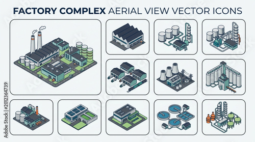 Fotografie Factory Complex Aerial View Vector Icons Set.
