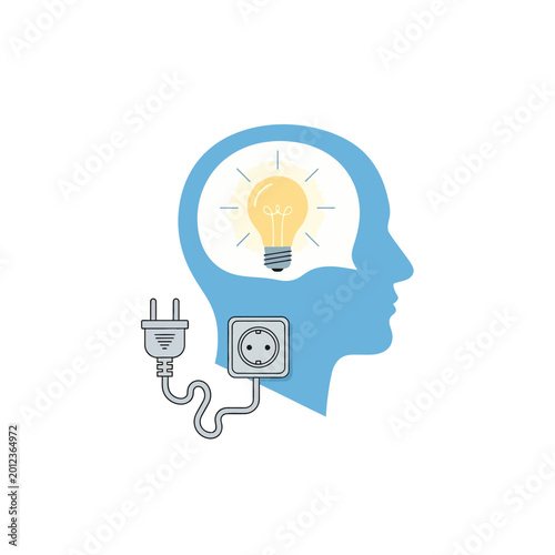 Illustration of a human head silhouette with a light bulb and electrical plug.
