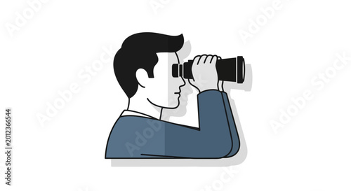 Professional flat vector icon of a curious male observer using binoculars for vision and discovery isolated on white background, representing explorer, lookout, searching, and surveillance concept