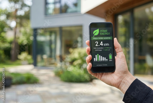 Hand holding smartphone with energy saving app