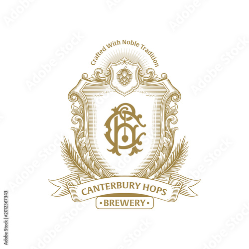craft-beer-brewery-vintage-heraldic-monogram-logo-hops-emblem-gold-premium-branding