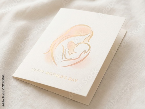 Minimal luxury Mother’s Day card featuring delicate mother and baby line art with gold foil effect on textured paper and soft neutral fabric background.