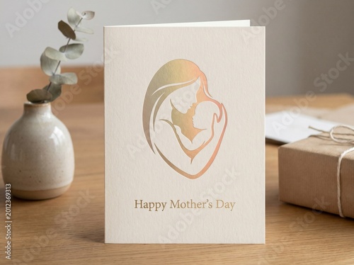 Elegant Mother’s Day greeting card mockup with gold foil mother and baby illustration on textured paper, styled with gift box and natural home decor.