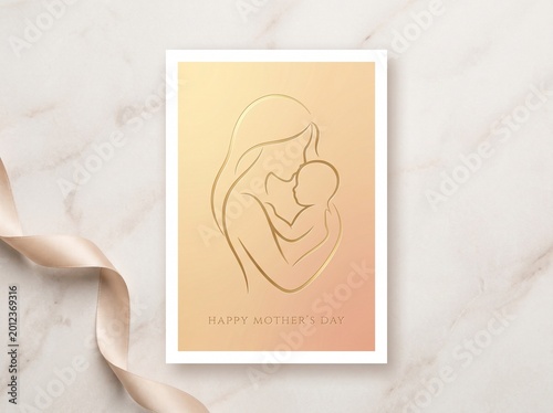 Modern Mother’s Day poster with minimalist gold line art of mother and baby, soft gradient background, elegant typography, and luxury feminine aesthetic.