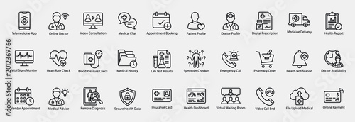 Telemedicine Mobile App and Digital Health Outline Icons Set: Vector pictograms of Telemedicine App, Online Doctor, Video Consultation, Medical Chat, Appointment Booking, Patient Profile, and more.