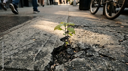 Young Green Plant Growing Through Cracked Asphalt on City Street Sidewalk
