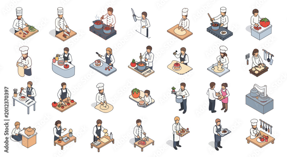 Fototapeta premium Isometric Chefs Cooking Food and Preparing Meals in Kitchens