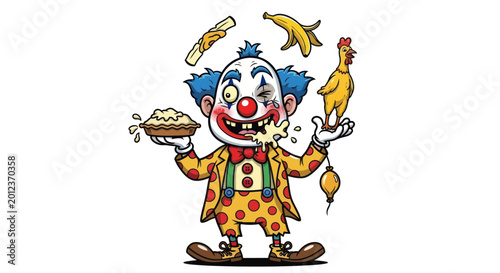 Bild auf Leinwand Funny Clown Juggling Pie, Banana, Chicken, and Cigar