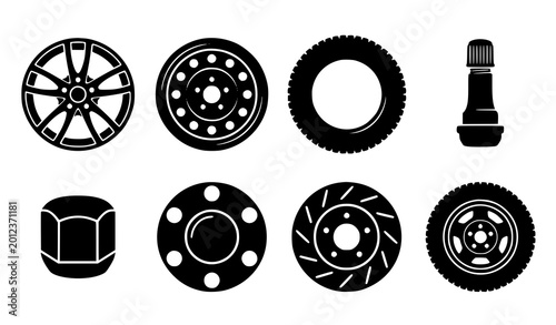 Quadro su tela Car wheel and tire parts silhouette set – rim, rotor and hub automotive vector