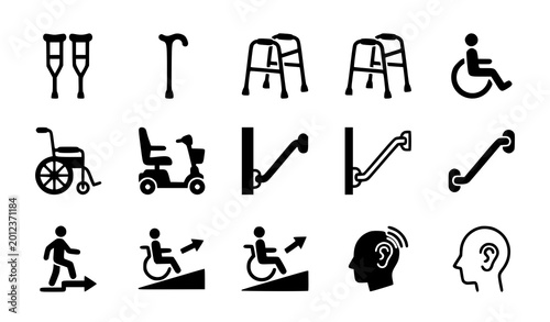 Foto Disability and mobility support icon set – wheelchair, cane and walker symbols