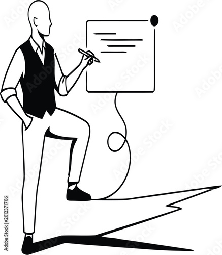 Businessman, presenting, infographic, vector illustration, black and white