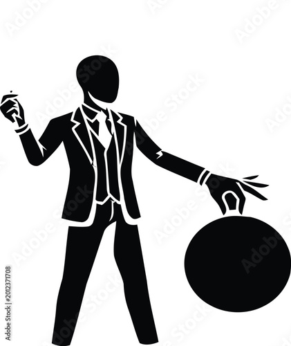 Businessman, silhouette, throwing ball, black icon, vector graphic